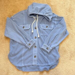 American Eagle Waffle Knit Blue Hooded Button-Up Hoodie